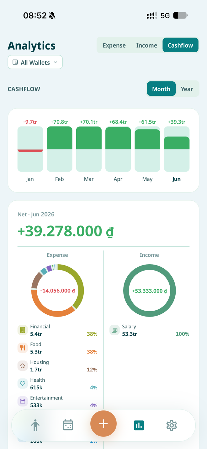 PippMoney monthly cashflow analytics screen